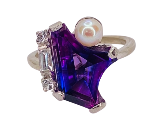 Estate Jewelry 10K White Gold Amethyst & Pearl Ring