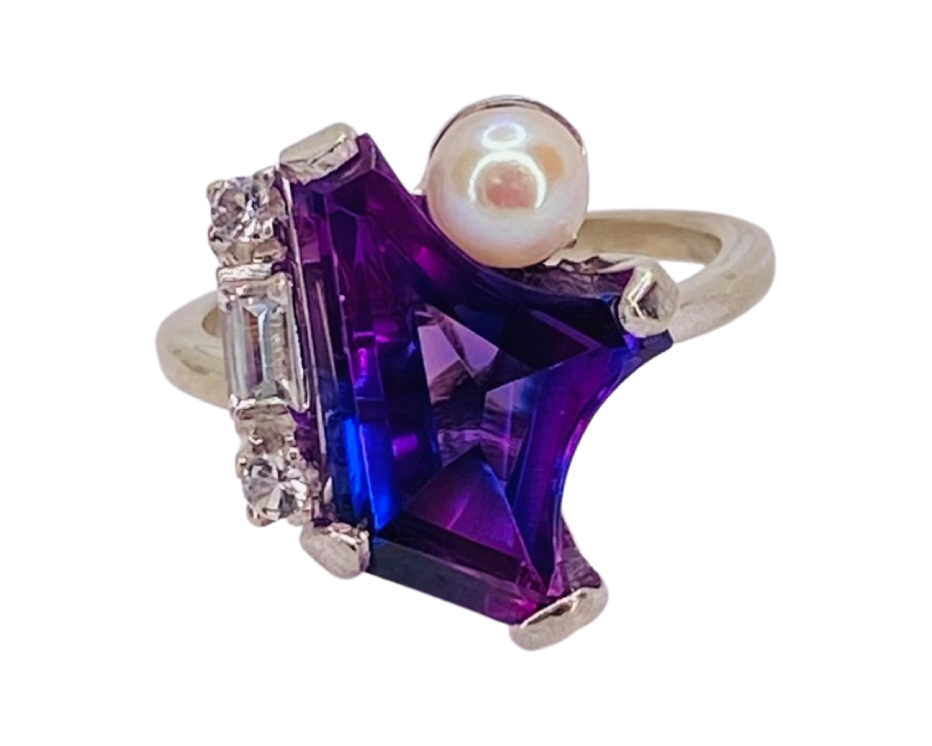 Estate Jewelry 10K White Gold Amethyst & Pearl Ring