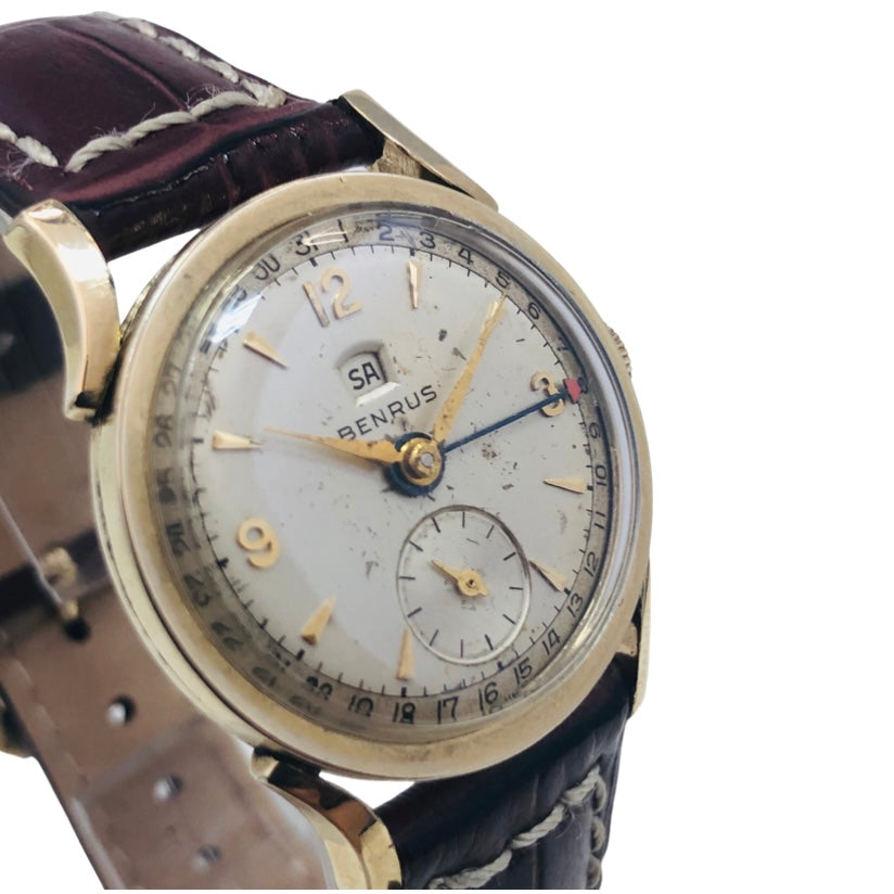 Benrus 10K Goldfilled Pointer Calendar Day-Date Silver Dial Brown Leather Strap