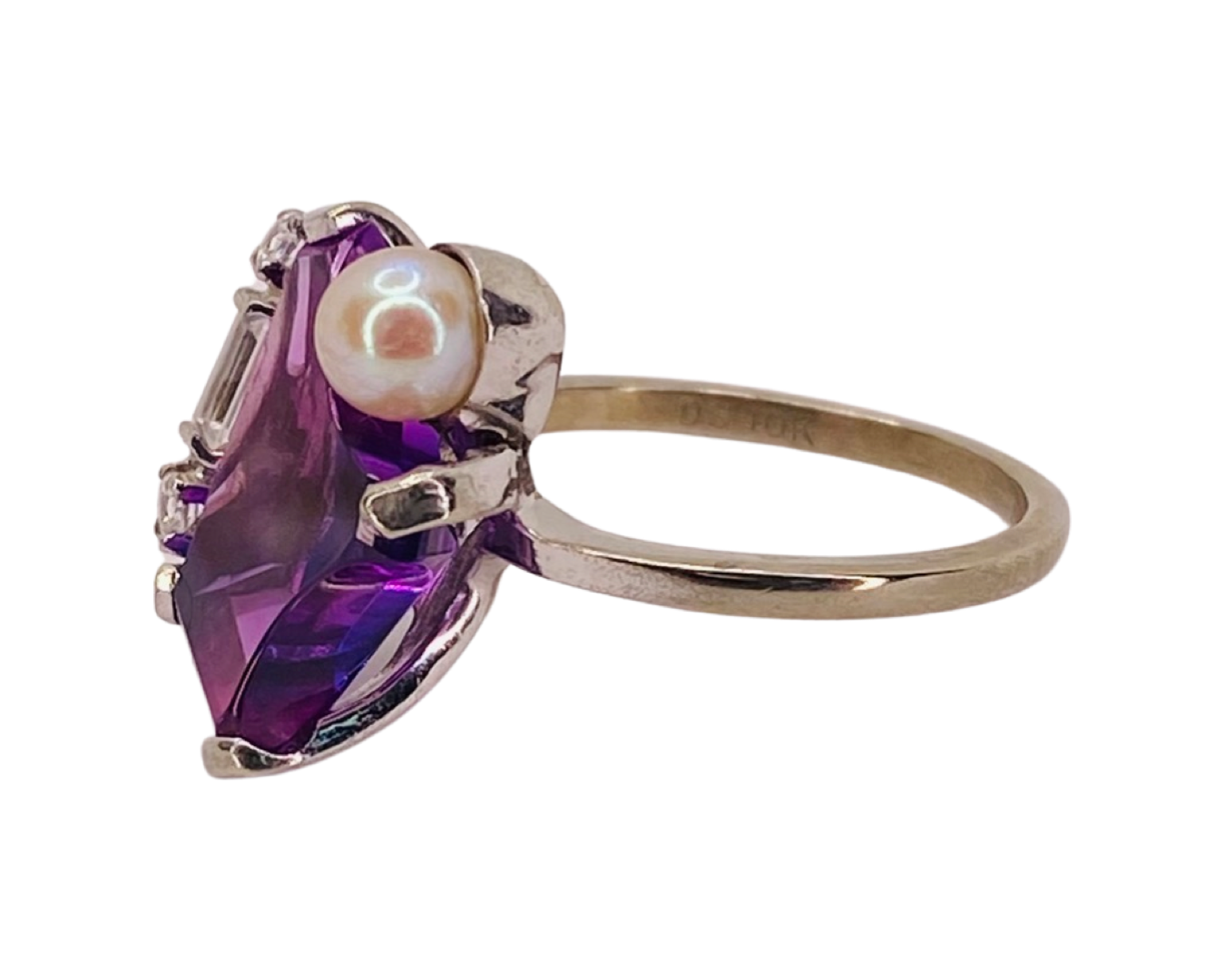 Estate Jewelry 10K White Gold Amethyst & Pearl Ring