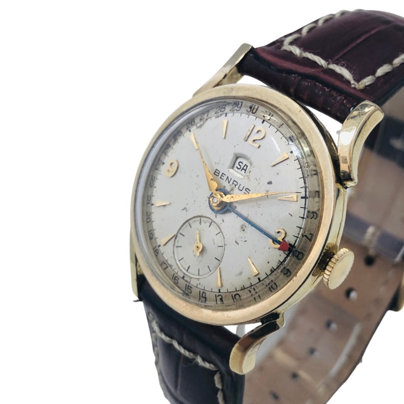 Benrus 10K Goldfilled Pointer Calendar Day-Date Silver Dial Brown Leather Strap