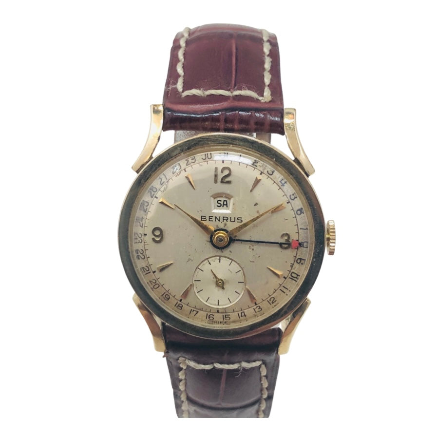 Benrus 10K Goldfilled Pointer Calendar Day-Date Silver Dial Brown Leather Strap