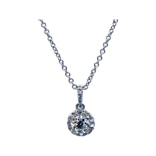 14K White Gold Old Cut Diamond Halo Pendant